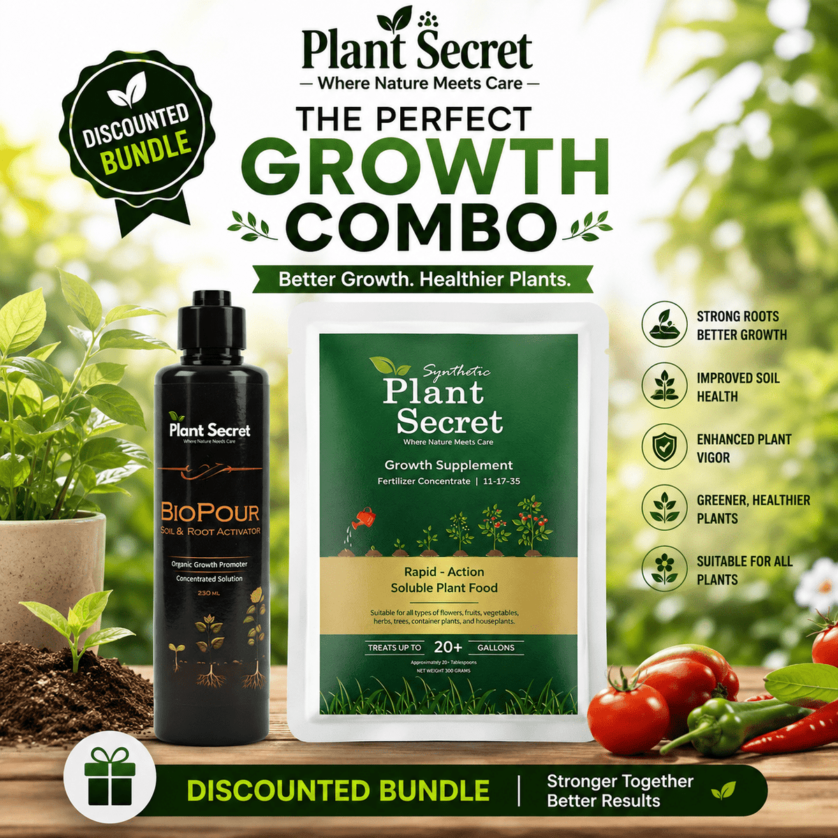 Plant Secret Growth Supplement + BioPour Soil & Root Activator Combo