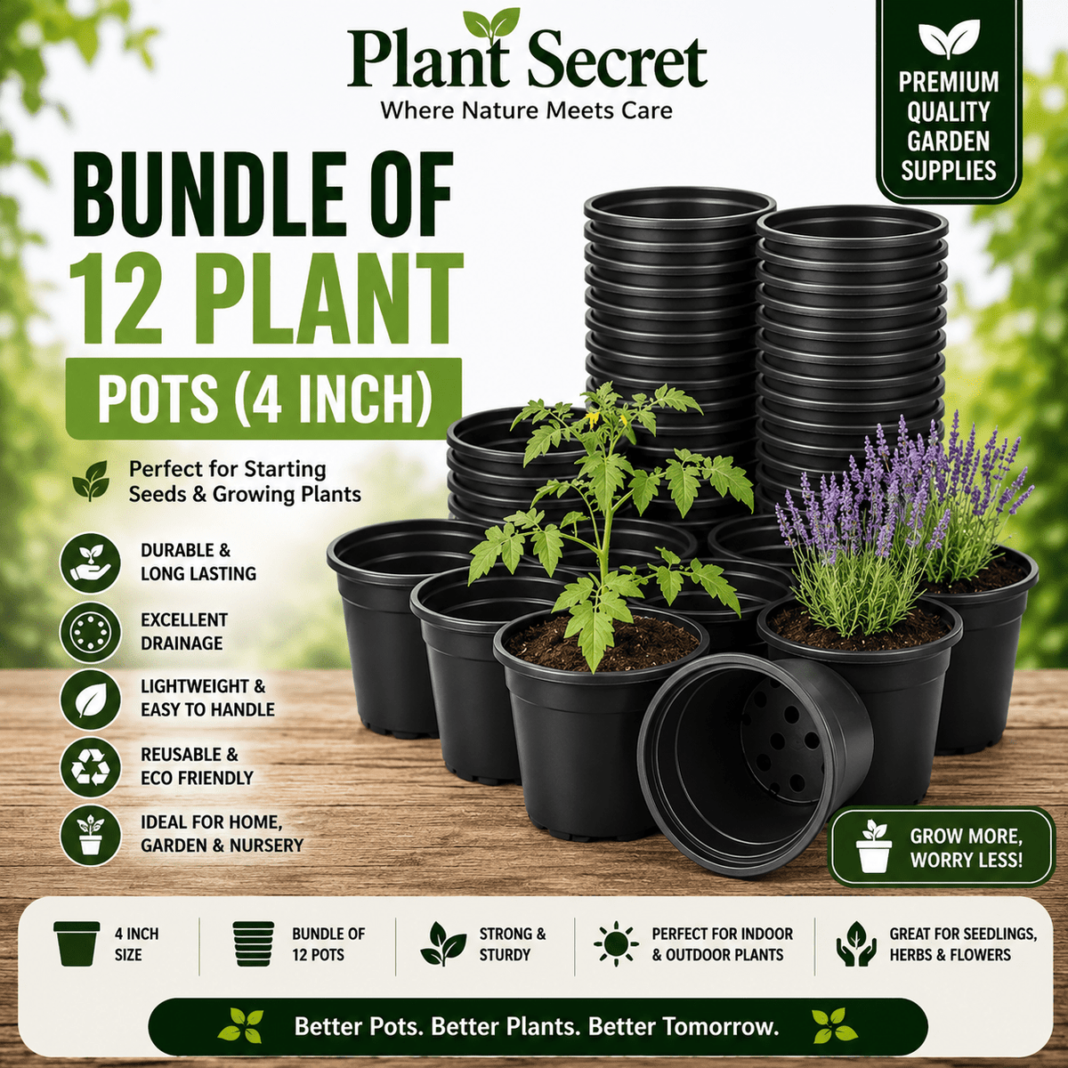 4 Inch Plastic Plant Pots with Drainage Holes Pack of 12/24