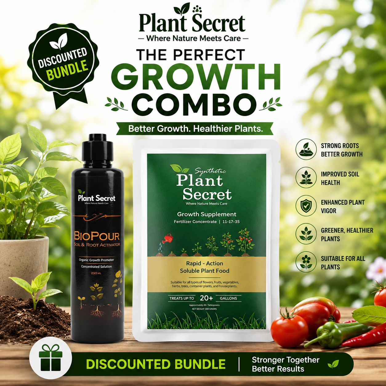 Plant Secret Growth Supplement + BioPour Soil & Root Activator Combo
